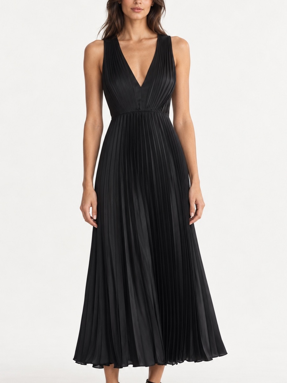 TEN by Aritzia Rio Satin Pleated Open Back Maxi Dress in Black (Size 8)